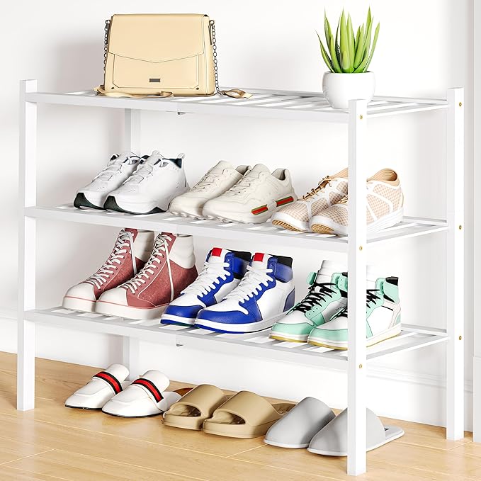 Smiry Bamboo Shoe Rack, 3 Tier Free Standing Wooden Shoe Organizer, Stackable Wood Shoe Storage Shelf for Closet, Entryway, 12 Vertical Slats, 2+1 Stack Standard Legs, 26.8"x11"x19.5", White