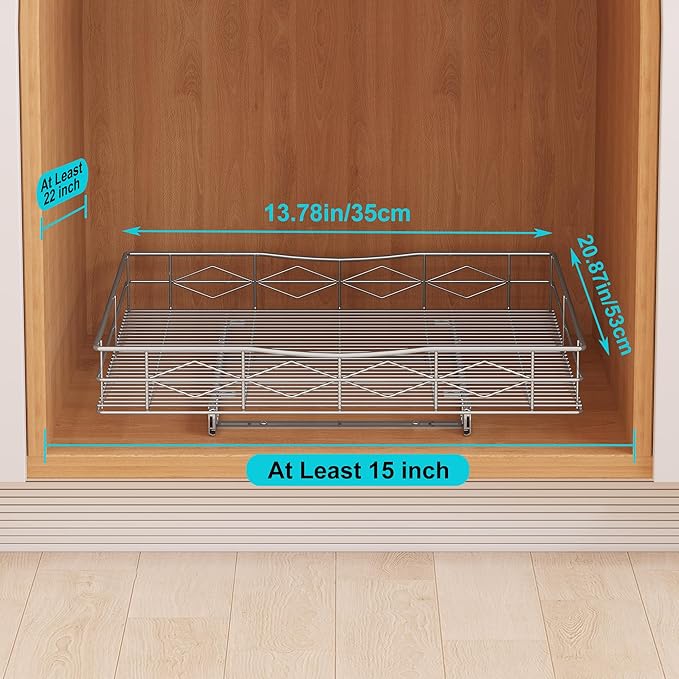 Pull Out Cabinet Organizer, 50LB Load Capacity Bottom-mount Sliding Drawer for Pots and Pans, 14" W x 21" D Under Sink Storage Shelf for Cabinet Opening 15" W x 22" D or Larger, Chrome Finish