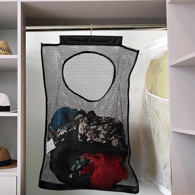 Hanging Mesh Laundry Hamper (30in*20in*2in) Large Dirty Clothes Bag, Black