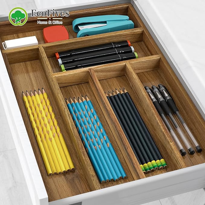 Luxury Acacia Kitchen Drawer Organizer, Silverware Organizer, 6 Slot