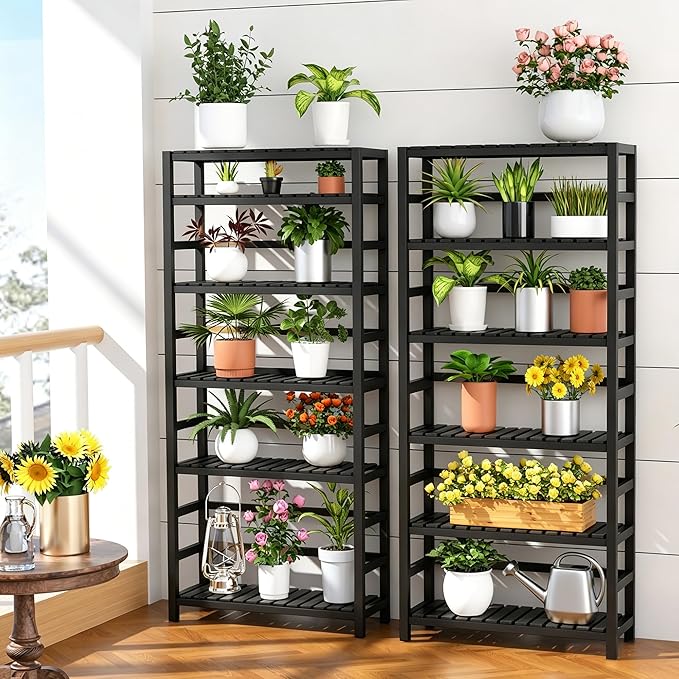 VASMIA 6-Tier Bamboo Shelf,Bamboo Storage Shelving Unit,Tall Bookcase with Adjustable Shelves,Multipurpose Storage Display Shelf for Bathroom, Living Room, Balcony, Kitchen,Black