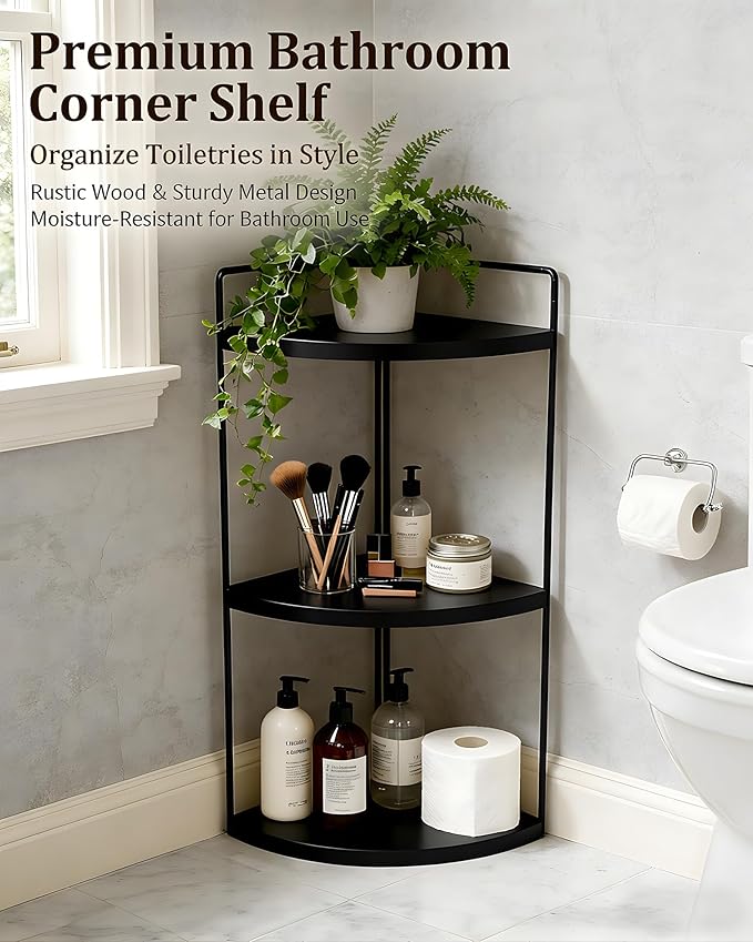 3-Tier Corner Bathroom Countertop Organizer, Solid Pine Wood Vanity Corner Shelf for Skincare & Makeup, Waterproof Standing Rack for Bathroom, Vanity, Kitchen & Dresser, Large 15.7"H, Black