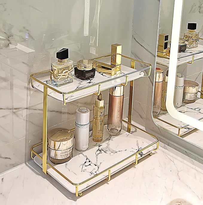 Bathroom Organizer Countertop Perfume Organizer Makeup Organizer Cosmetics Storage Display Rack Vanity Tray Dresser Stainless Steel Gold Shelf White Marble Ceramic Tray