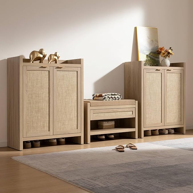 Shoe Cabinet Set of 2, Large Capacity Shoe Storage Organizer Cabinet, Light Oak