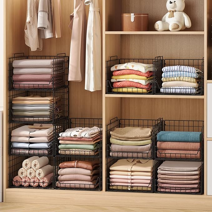 Jakyitvi Stackable Closet Organizers and Storage Bins 4 Pack, Sturdy Metal Clothes Storage Container for Clothes Pants Sweaters, Black Folded Drawer Shelf Organizer for Closet Wardrobe