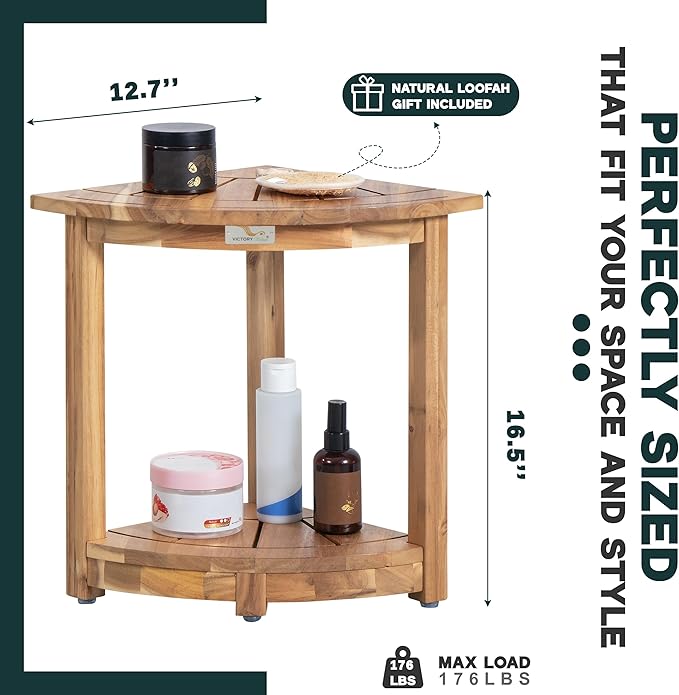 VICTORY RELAX Acacia Wood Corner Shower Shelf for Inside Shower – Waterproof Shower Bench & Foot Rest for Shaving Legs, Small Bathroom Spa Seat, Light Natural Color (17.9")