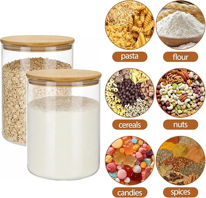 Moretoes 2 Pack 3.6qt Glass Storage Containers with Bamboo Press Lids, Extra Large Airtight Pantry Storage Jars for Flour, Sugar, Bulk Dry Goods