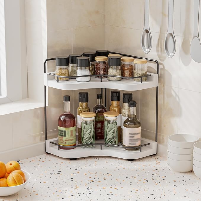 2-Tier Corner Bathroom Counter Organizers, Stable Wood Vanity Shelf for Perfume, Skincare & Makeup, Larger Size Countertop Organizer and Storage for Bathroom, Kitchen and Dresser(White)