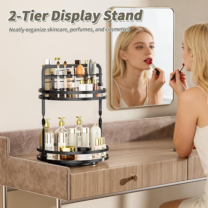 360° Rotating Makeup Organizer, 2-Tier Black Perfume Organizer for Dresser
