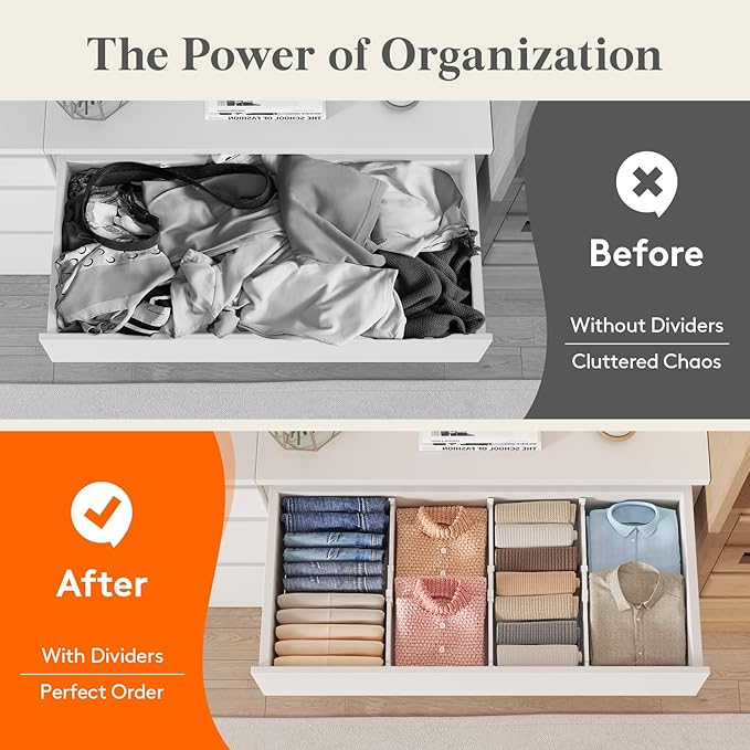 Lifewit 6 Pack 5" High Drawer Dividers for Clothes, 11.5"-18.5" Expandable Dresser Drawer Organizers, Adjustable White Plastic Separators for Kitchen, Cabinet, Nursery, Socks & Underwear Storage