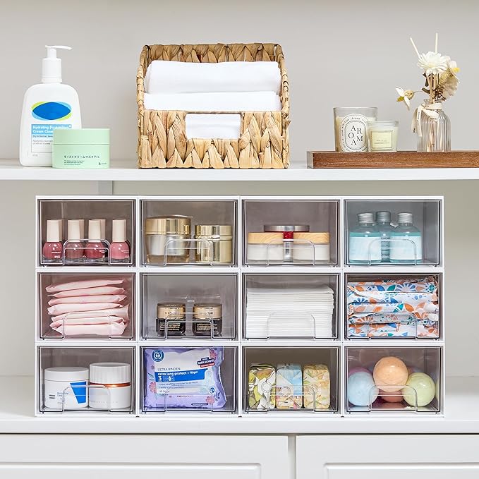 4Pack Small Stackable Storage Drawers, Bathroom Makeup Organizer