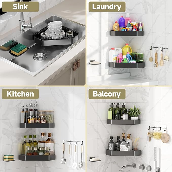 Veken Aluminum Corner Shower Caddy 4-Pack, Never Rust, No Drilling Adhesive Shelves, Stainless Rack with Soap Holder, Large Capacity Bathroom Organizers and Storage, Wall-Mounted Kitchen & Home Decor
