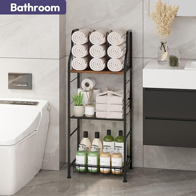 SWTYMIKI Free Standing Towel Rack - 3 Tier M-Shaped Detachable Dividers Towel Shelf for Bathroom, Durable Metal Pool Towel Holder, Modern Space-Saving Bath Towel Storage Organizer