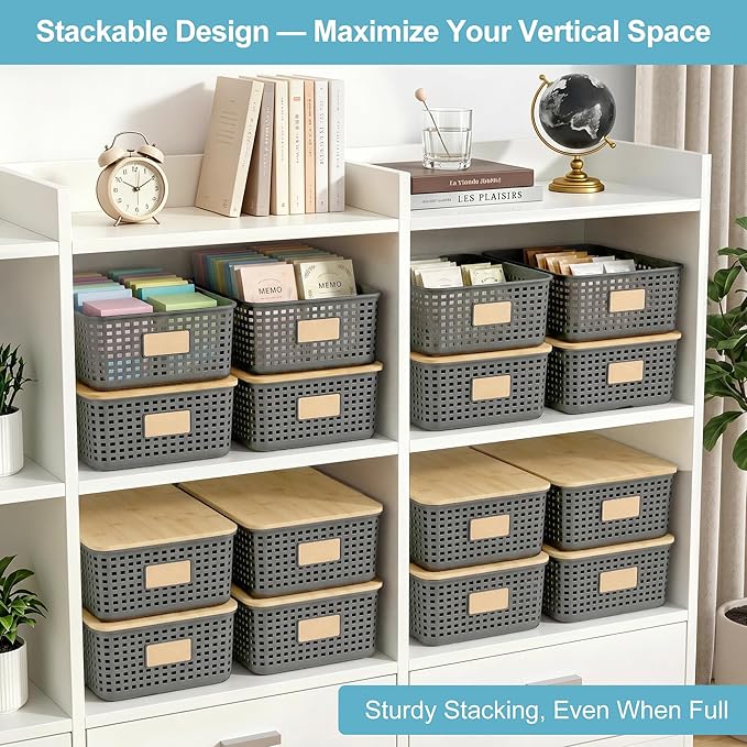 4 Pack Plastic Storage Bins with Bamboo Lids, Gray
