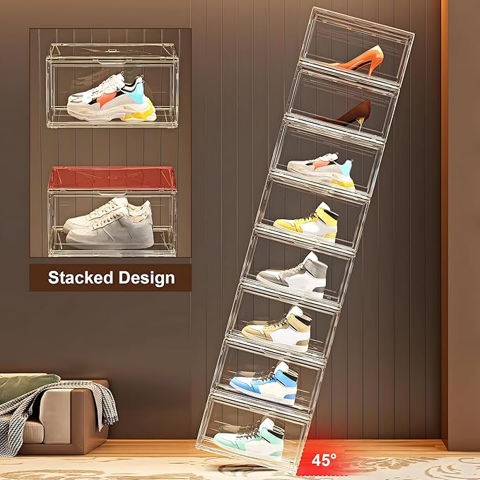 MMBABY 12 Pack Acrylic Clear Shoe Boxes– Ultra Clear Plastic Stackable Sneaker Storage For Sneakerhead. Professional Grade Shoe Display Case with Magnetic Door.Fits US Size 15