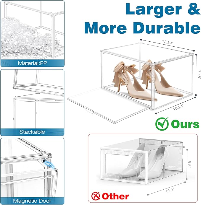 12 Pack Acrylic Shoe Storage Boxes Clear Sneaker Shoe Display Case Fit US Size 12, Stackable Hat Sneaker Shoe Organizer for Closet, Entryway, Underbed, Space Saving Shoe Boxes for Men Women