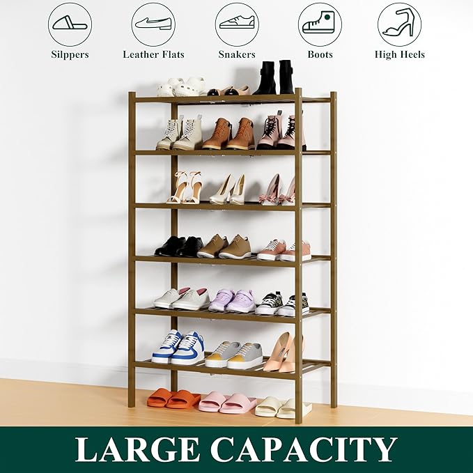 Smiry Bamboo Shoe Rack, 6 Tier Free Standing Wooden Shoe Organizer, Stackable Wood Shoe Storage Shelf for Closet, Entryway, 14 Vertical Slats, 2+2+2 Stack Heavy-Duty Legs, 26.8"x11"x39", Walnut
