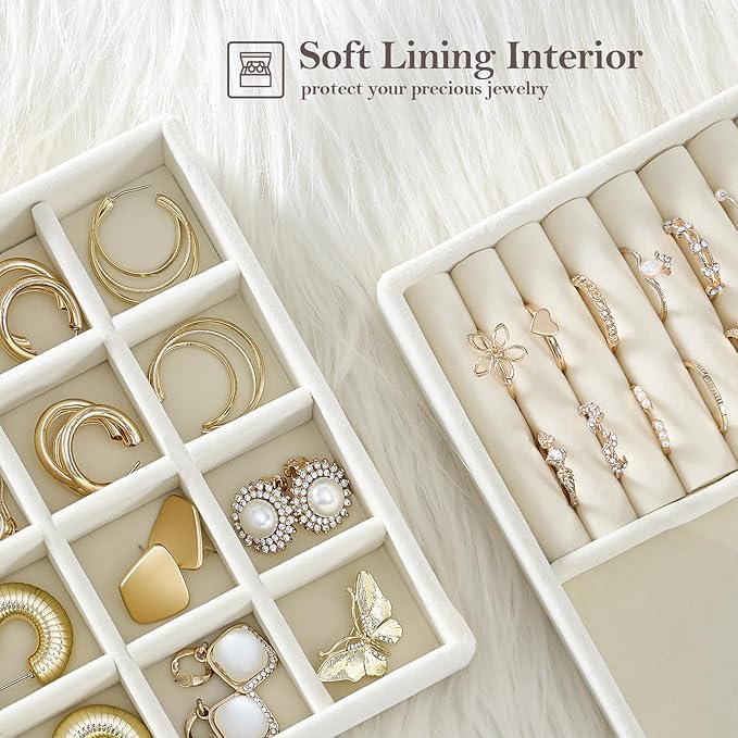 ProCase Stackable Jewelry Organizer Trays for Drawers, Jewelry Drawer Inserts Container Display Case Storage for Earring Necklace Rings Bracelet with Removable Dividers -Beige, 4 Layers