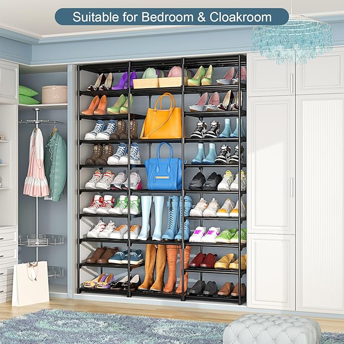 Kottwca 3 Row 10 Tier Large Shoe Rack Organizer for Closet Entryway, 60-65 Pair Shoe Boot Storage Rack, Metal Shoe Shelf Tall Vertical Stackable Shoe Stand for Bedroom Corner