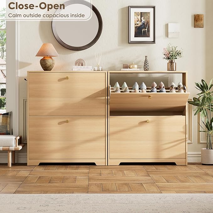 Nicetree Shoe Storage Cabinet with 2 Flip Drawers, Slim Shoe Cabinet, Hidden Shoe Rack Cabinet, Shoe Storage Cabinet for Entryway, Hallway, Foryer, Natural Oak