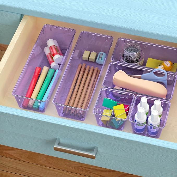 6 Pack Clear Drawer Organizer Set, Acrylic Drawer Storage Trays, Purple