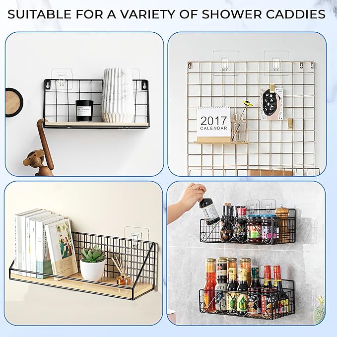 Shower Caddy Adhesive Replacement Hooks, Heavy Duty Waterproof Strips, No Drilling for Bathroom Shelves, Kitchen Racks, and Soap Holders (Transparent-14 Pack 1 Hook)