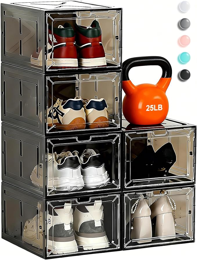 6 Pack Large Drop-Front Black Transparent Shoe Boxes
