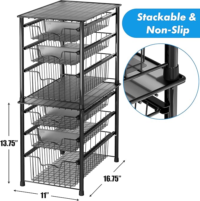 Simple Houseware Stackable 3 Tier Sliding Basket Organizer Drawer, Black