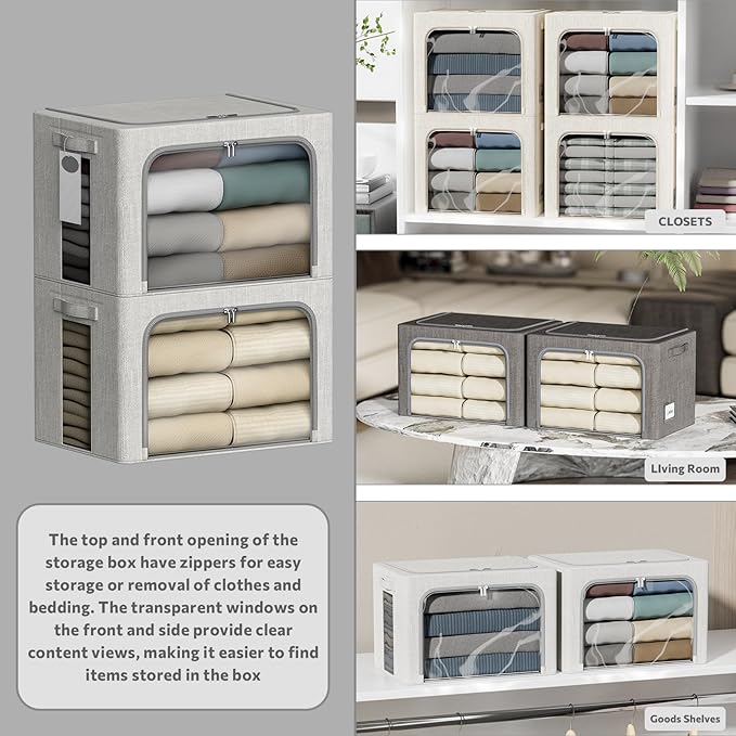 4 Pack Clothes Storage Bins with Metal Frame - 22L Stackable Storage Box with Lid，Foldable Storage Container Organizer for Clothes，Linen Fabric Storage Box with Clear Window＆Zippers＆Handles