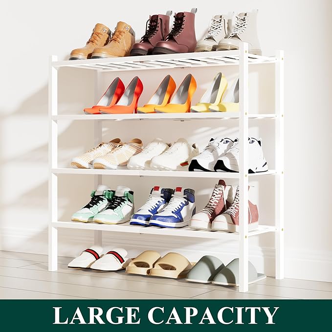 Smiry Bamboo Shoe Rack, 4 Tier Free Standing Wooden Shoe Organizer, Stackable Wood Shoe Storage Shelf for Closet, Entryway, 12 Vertical Slats, 2+2 Stack Standard Legs, 26.8"x11"x26", White