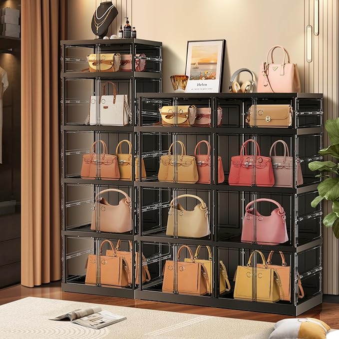 CIMLORD 5-Tier Foldable Shoe Rack for Closet Entryway 5-10Pairs,Stackable Clear Shoe Storage Boxes Organizer with Door Plastic Shoe Cabinet Bins with Lids Shoes Shelf Easy Assembly Large Black