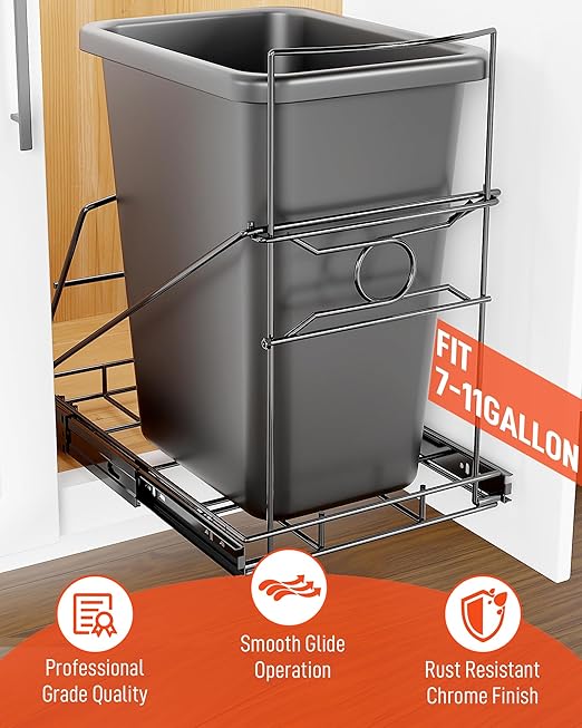 Pull Out Trash Can Holder, Adjustable Heavy Duty Cabinet Slide Out Kit for 7-11 Gallon Trash Cans, Under Sink Trash Can Rack with Smooth Ball Bearing Slides, Black, Trash Can Not Included