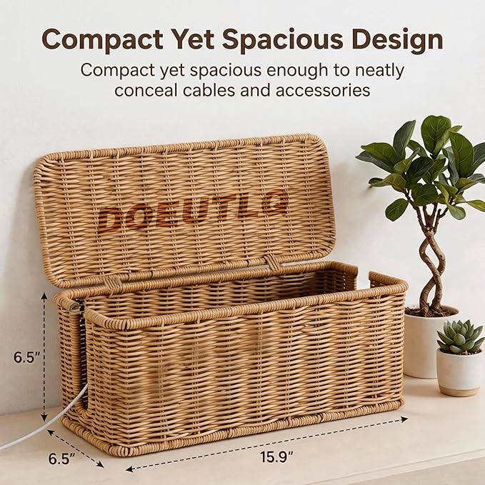 Desk Organizer Decorative Rattan Decor Countertop Cable Management Box Charging