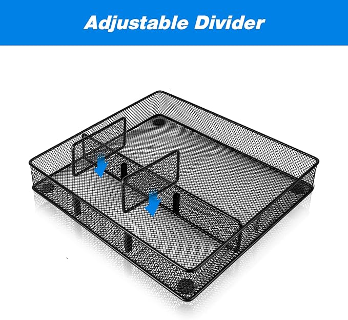 VyGrow Desk Drawer Organizer Tray, Metal Mesh Drawer Organizers Office, 4 Grid with Adjustable Compartment, Desk Organizer Tray for Home Office 12x10.6x1.9 inch Black, 2 Pack