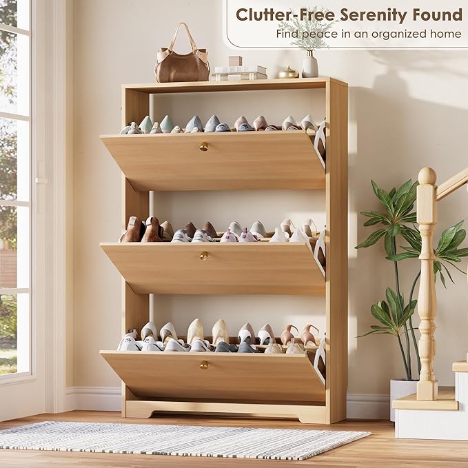 Nicetree Shoe Storage Cabinet, Slim Shoe Cabinet, Hidden Shoe Rack Cabinet, Shoe Storage Cabinet for Entryway, Hallway, Foryer, Natural Oak
