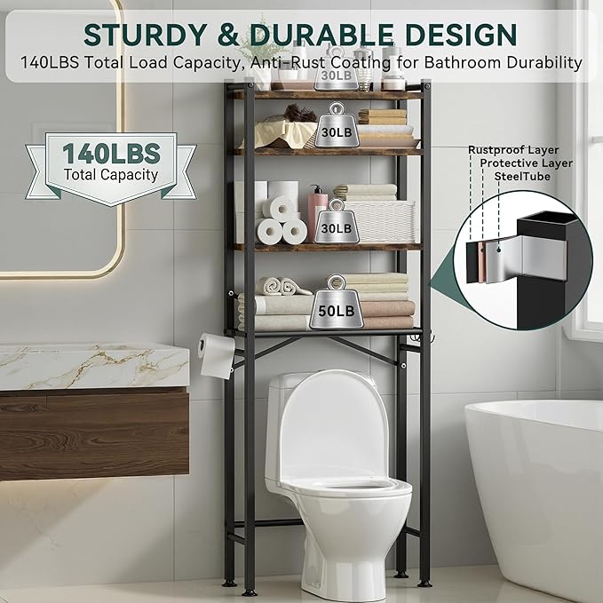 4-Tier Over The Toilet Storage with Paper Holder and 4 Hooks