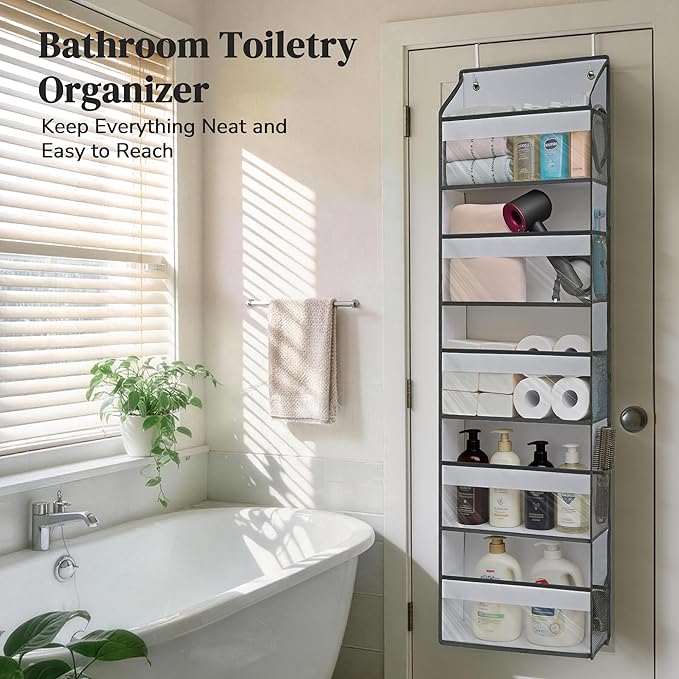 5 Tiers Ultra-thin Over Door Organizer with 10 Mesh Side Pockets, 44 lbs Weight Capacity Hanging Storage Organizer with Clear Window Kids Toys, Shoes, Diapers, White & Grey