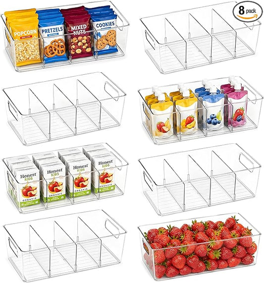 8 Pack Pantry Organizers and Storage, Food Storage Containers with 3 Removable Divider for Kitchen, Fridge, Cabinet Organization, Clear Plastic Storage Bins for Snacks, Spice Packets, Packets, Pouches