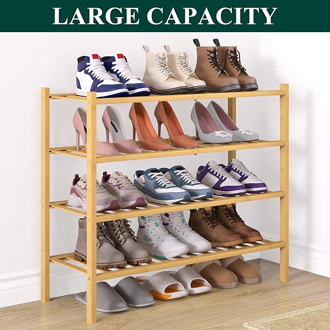 Smiry Bamboo Shoe Rack for Closet, 4 Tier Wooden Shoe Organizer, Stackable Wood Shoe Storage Shelf for Entryway, 14 Vertical Slats, 2+2 Stack Heavy-Duty Legs, 26.77"x11.02"x25.98", Natural & White