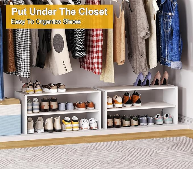 Cidaziya 2 Tier Small White Shoe Rack for Closet, Stackable Shoe Shelf Organizer for 9-12 Pairs of Shoes, Portable Wood and Cloth Structure, Small Shoe Storage Organizer, Size 28.5"* 11" * 13"