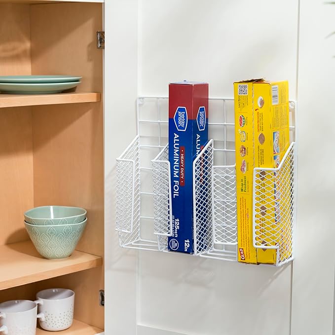 Home Basics Organizer Rust Resistant, Perfect for Food Storage, Silver Foil, Wax Paper, Sandwich Bags, Plastic Wrap-Mounts,White