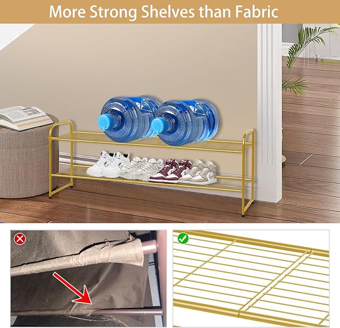 2-Tier Long Shoe Rack for Closet Metal Shoe Organizer for Entryway, Gold