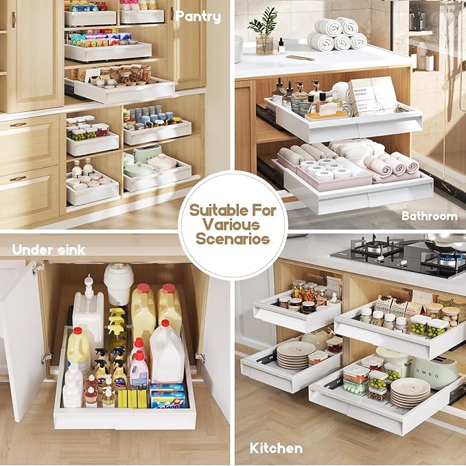 Seinloes Pull Out Cabinet Organizer, 4-Side Expandable to Fit Most Cabinets, 3 Rail Slide Out Drawers with Raising Pad for Framed & Frameless Cabinets, 11"-16" W x 13"-17" D, White, 2 Pack