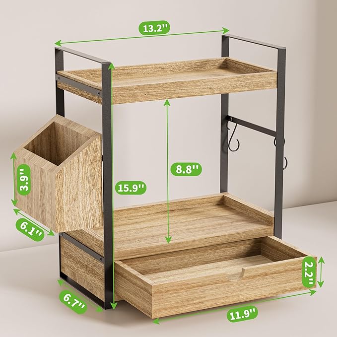 2-Tier Bathroom Counter Organizer with Drawer, Basket & Hooks, Light Brown