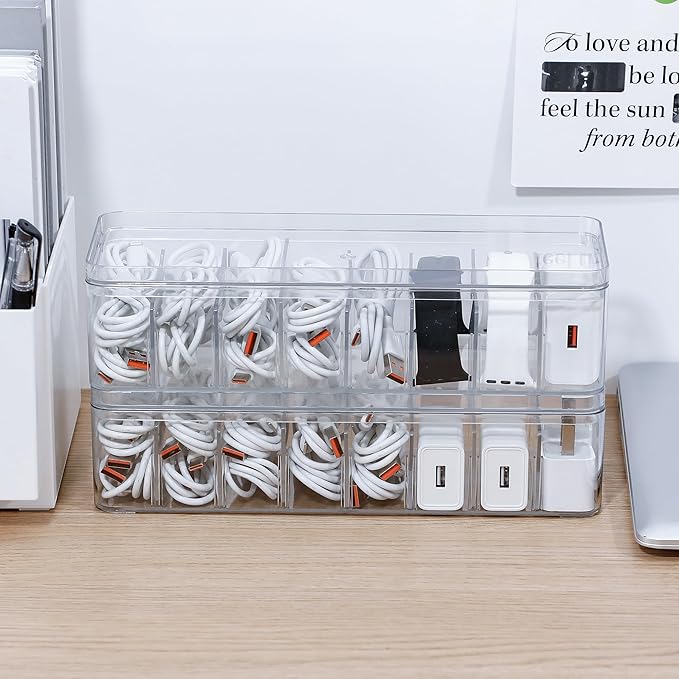 2 Pack Cable Organizer Box with Lid, Plastic Cord Storage Organizer with 8 Adjustable Compartments for Home Office Desk Drawer, Clear Phone Charger Bins