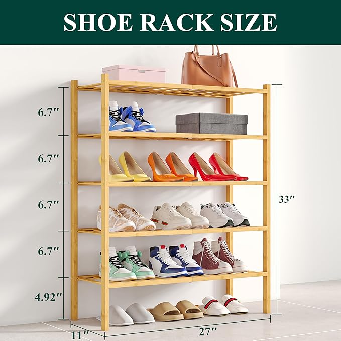 Smiry Bamboo Shoe Rack, 5 Tier Free Standing Wooden Shoe Organizer, Stackable Wood Shoe Storage Shelf for Closet, Entryway, 12 Vertical Slats, 2+2+1 Stack Standard Legs, 26.8"x11"x32.5", Natural