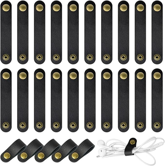 20 Pcs Leather Cord Organizer - Black Leather Cord Ties for Charging Cords, Reusable Charging Cable Organizers
