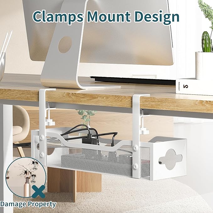 Under Desk Cable Management Tray No Drill, White