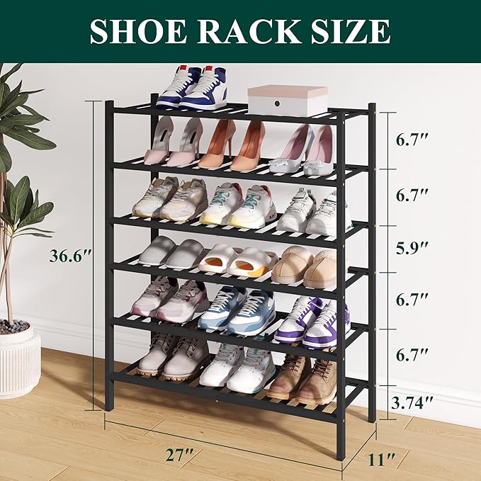 Smiry Bamboo Shoe Rack for Closet, 6 Tier Wooden Shoe Organizer, Stackable Wood Shoe Storage Shelf for Entryway, 14 Vertical Slats, 3+3 Stack Heavy-Duty Legs, 26.77"x11.02"x36.61", Black