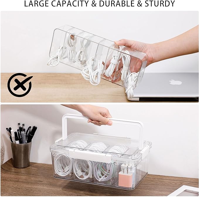 Large Cable Storage Box with Lid, Plastic Power Cords Organizer for Desk Drawer